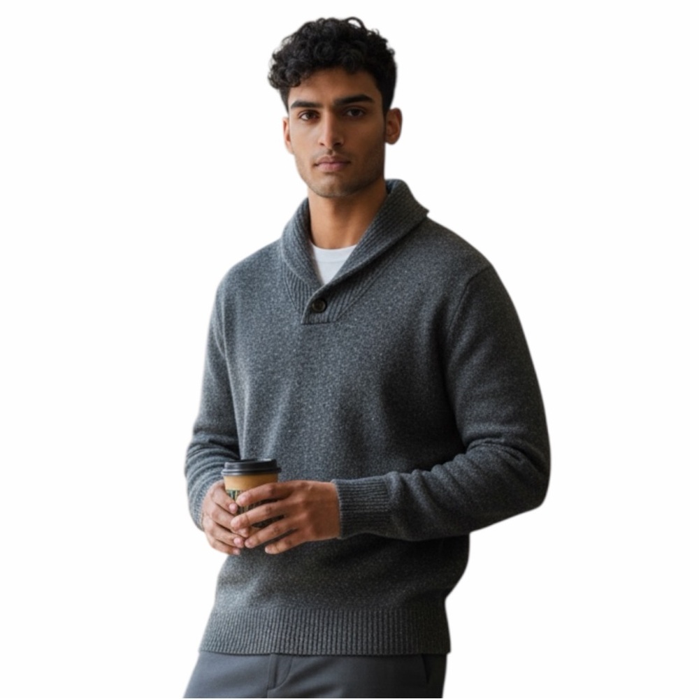 J.Crew Men’s Gray Shawl Collar Merino Wool Blend Sweater | Button Neck | Size M